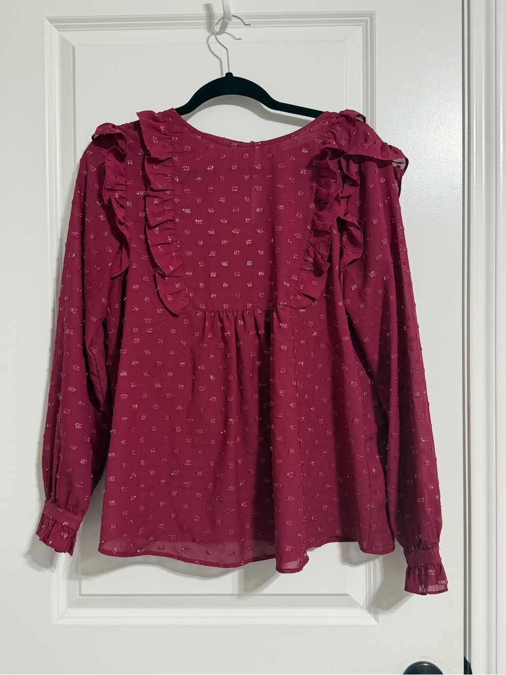 Womens Ruffle-Trim Burgundy Blouse